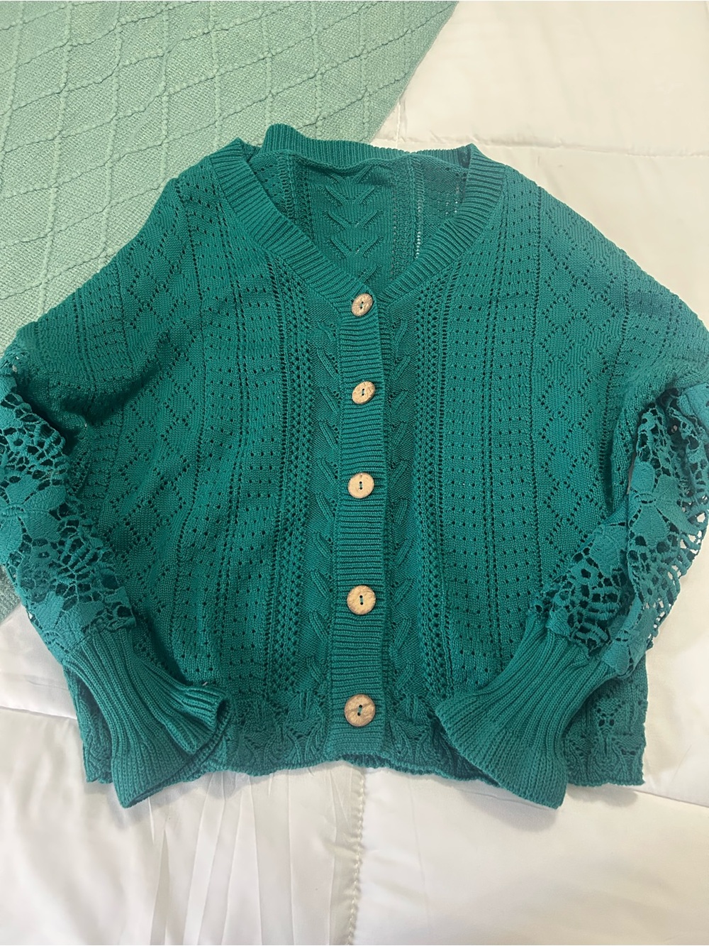 Teal Crochet-Sleeve Button Front Women's Sweater